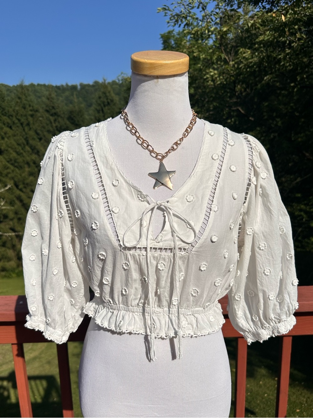 FARM Rio 3D Embroidered Tie-Front Puff Sleeve Peasant Top